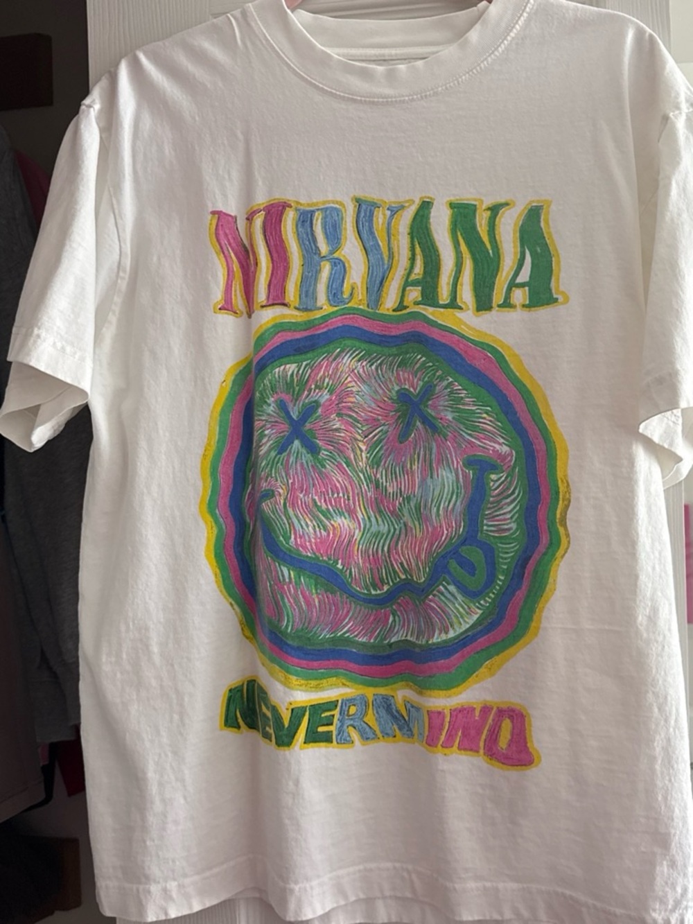 NIRVANA White Tee with Neon Smiley Graphic